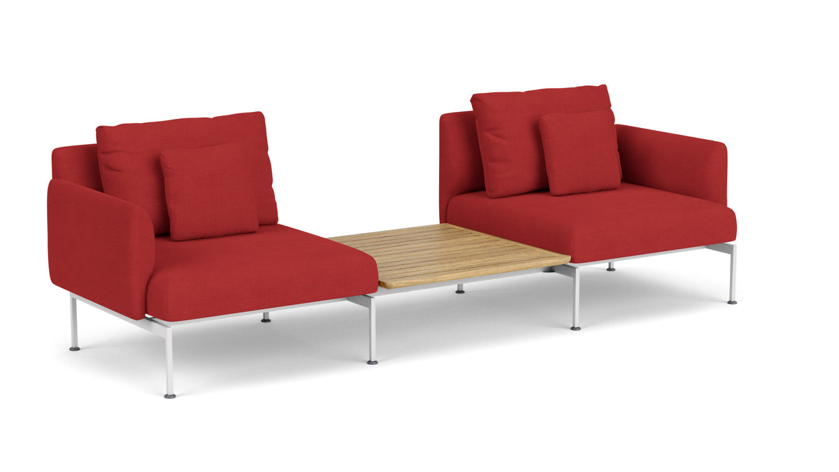 Barlow Tyrie Layout Deep Seating Companion Set - with Low Arms (two 1LYMB1 with low arms et bridging table 2LYB08) - avec coussins Armature Arctic White Paris Red 3728