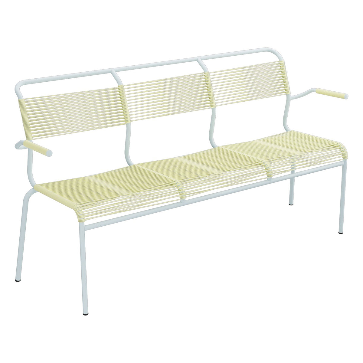 Schaffner Säntis Banc Spaghetti 3 places avec accoudoirs – Jaune Buis 18 / Bleu Pastel 51