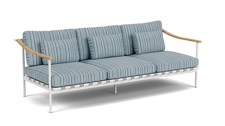 Barlow Tyrie Aura Deep Seating Canapé 3 places accoudoirs teck avec coussins Armature Artic White Porto Blue Chine 3776V Laminé Waterproof