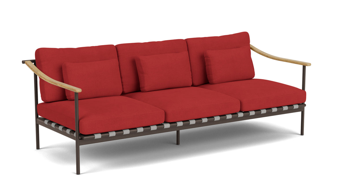 Barlow Tyrie Around Deep Seating Canapé 3 places accoudoirs teck avec coussins Armature Forge Grey Paris Red 3728