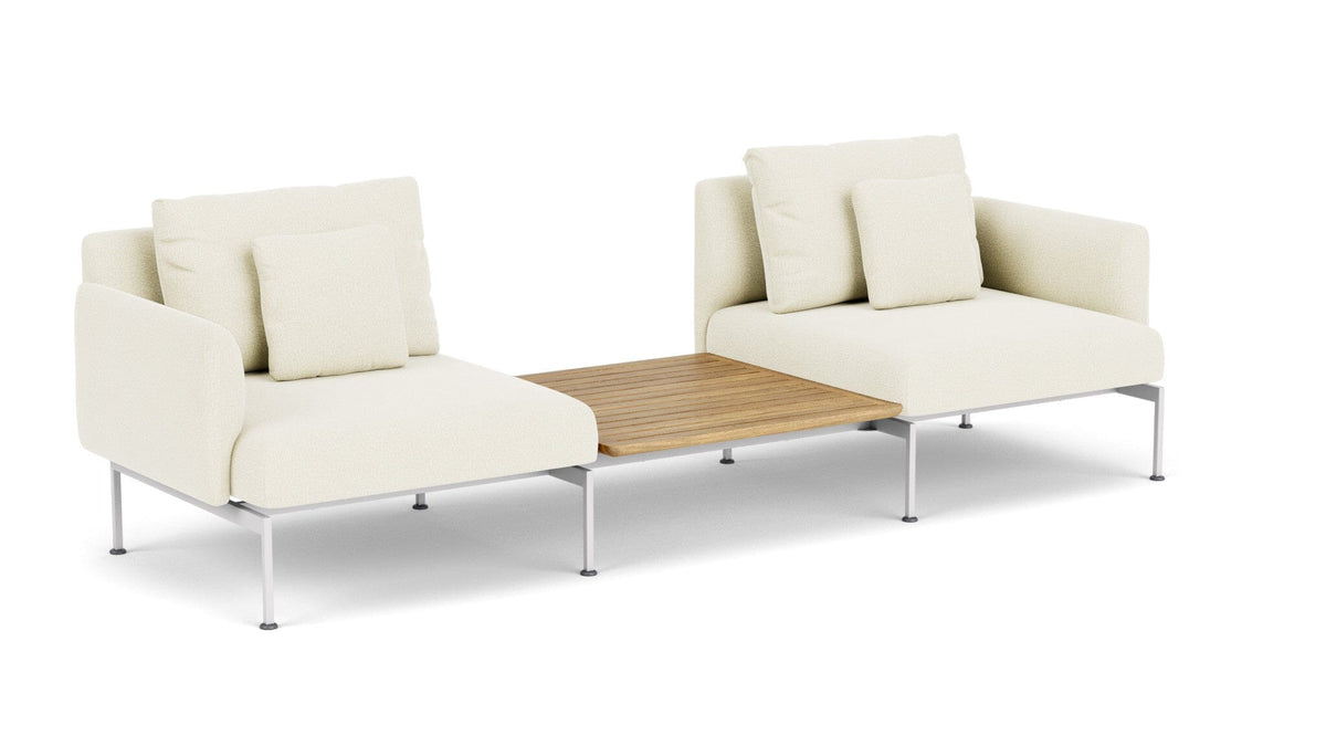 Barlow Tyrie Layout Deep Seating Companion Set - with Low Arms (two 1LYMB1 with low arms et bridging table 2LYB08) - avec coussins Armature Artic White Natural 5404V Laminé Waterproof