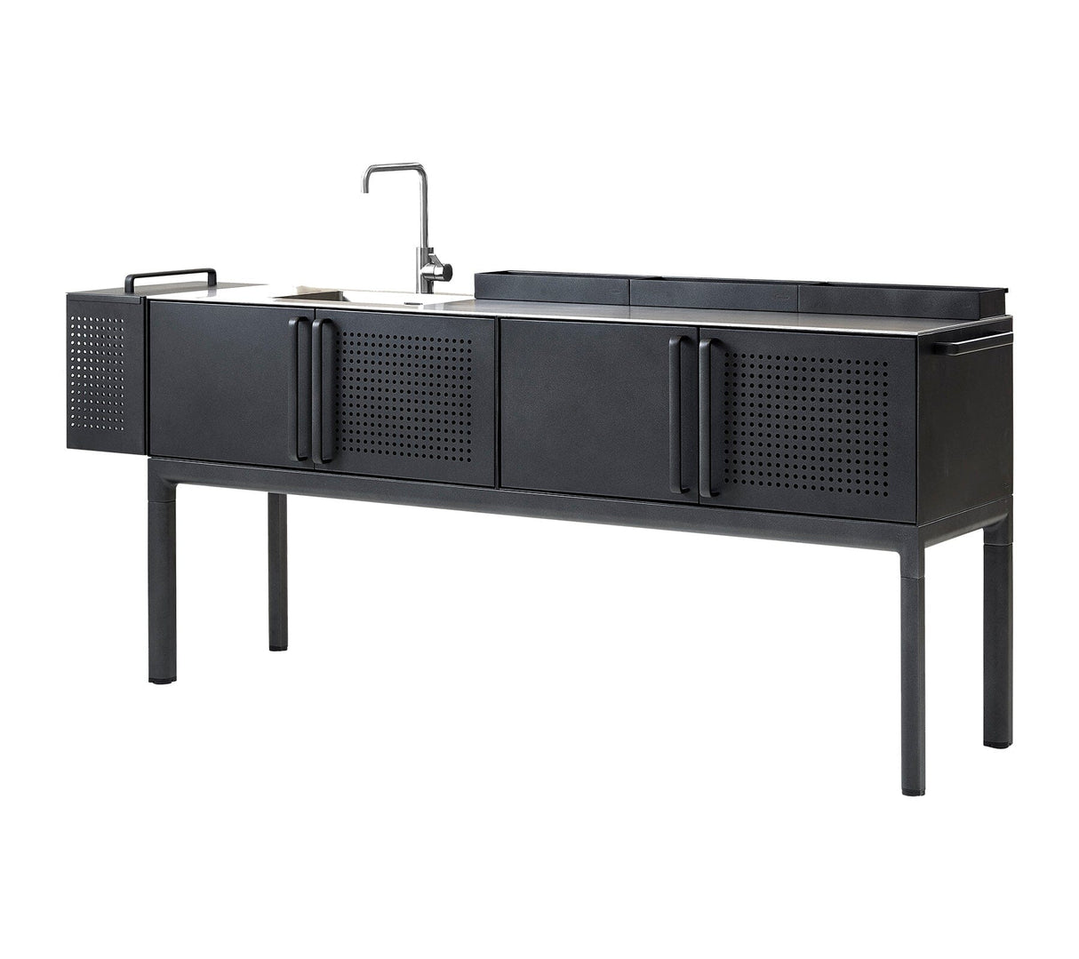 Cane-line Drop Kitchen Cuisine grand Module avec 3 armoires 200cm (3550) Plateau en inox avec évier et robinet en inox intégrés Aucune: Sans module de bar et sans paroi arrière