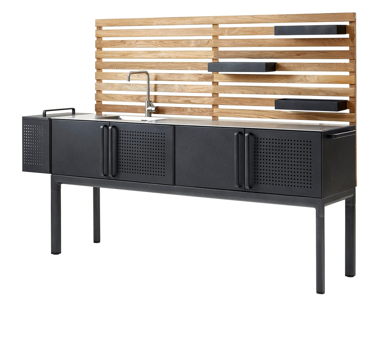 Cane-line Drop Kitchen Cuisine grand Module avec 3 armoires 200cm (3550) Plateau en inox avec évier et robinet en inox intégrés Avec paroi arrière Teak wall