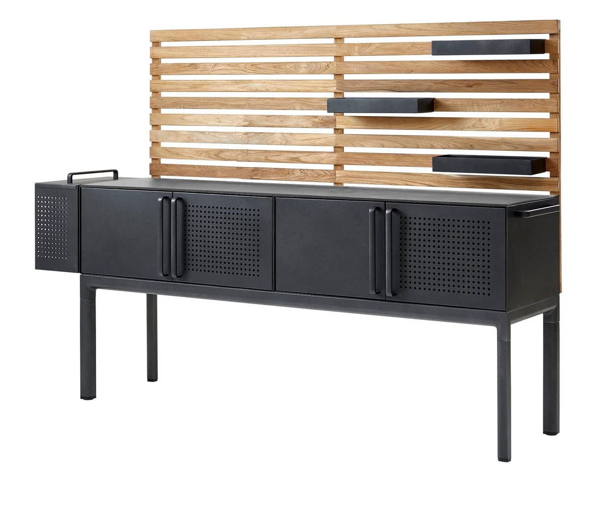 Cane-line Drop Kitchen Cuisine grand Module avec 3 armoires 200cm (3550) Plateau plein fermé en céramique Fossil Black Avec paroi arrière Teak wall