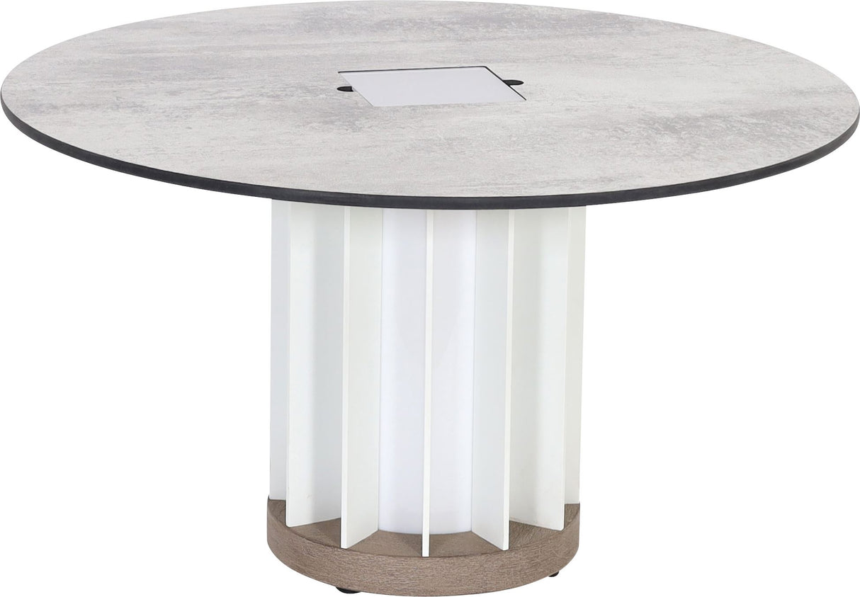 Les Jardins Teckalu Table basse Ø70cm solaire h:40cm 500 Lumens Aluminium blanc - plateau HPL ardoise - Duratek