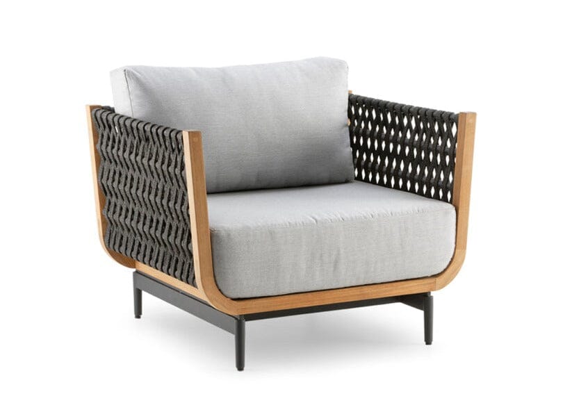 Hunn Göteborg Fauteuil Club Lounge Teak avec cordes Natté Gris Clair