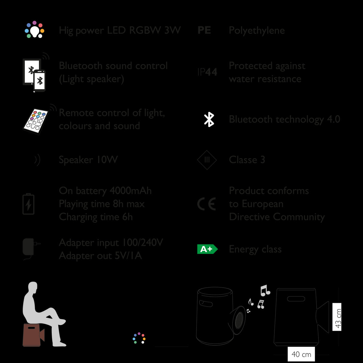 iolux SGABELLO.Fono lampe enceinte bluetooth tabouret pour l'extérieur