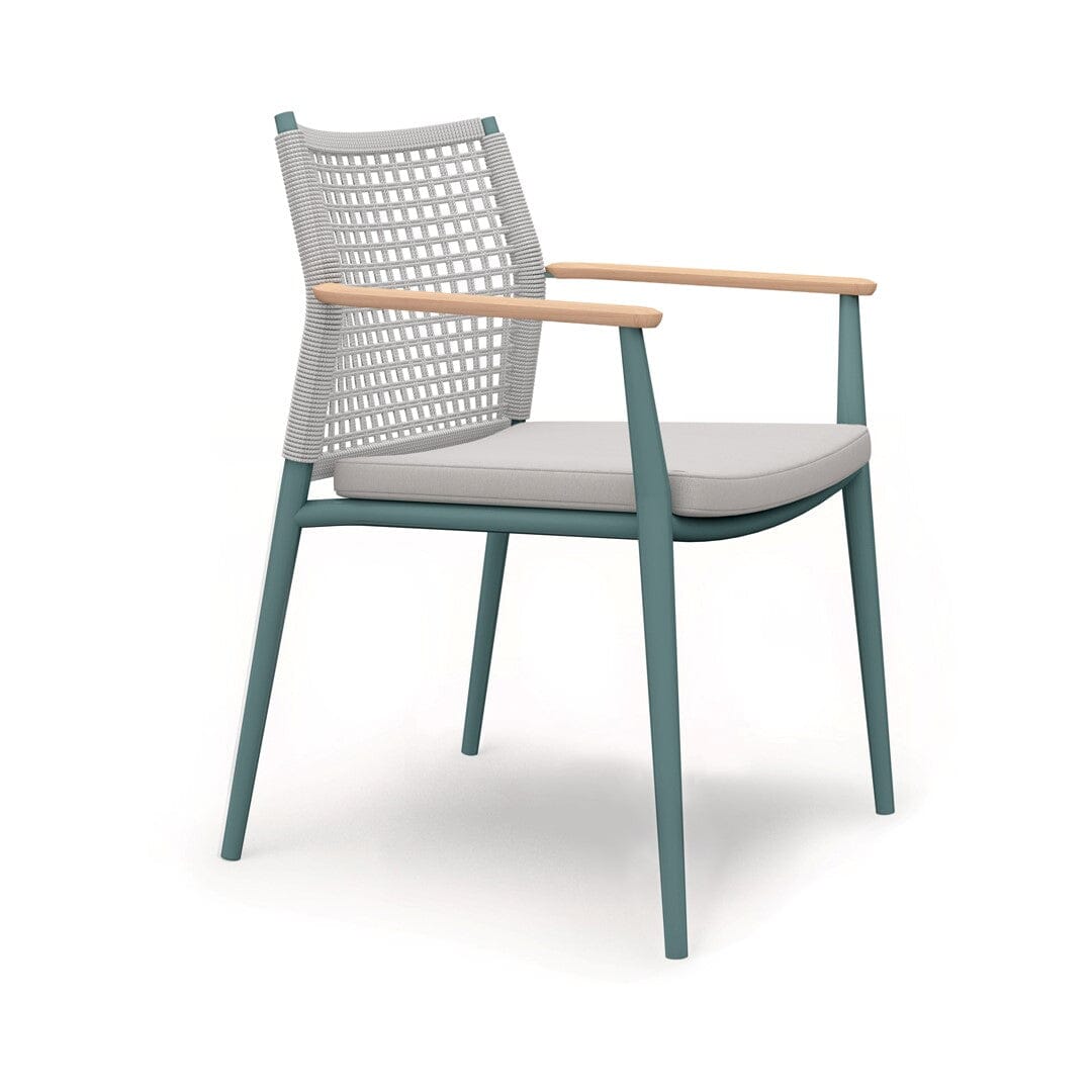 Solpuri Vera Fauteuil empilable - Accoudoirs teck - avec Coussin d'assise - Alu petrol / String Flex White grey Premium Bombay anthracite 626