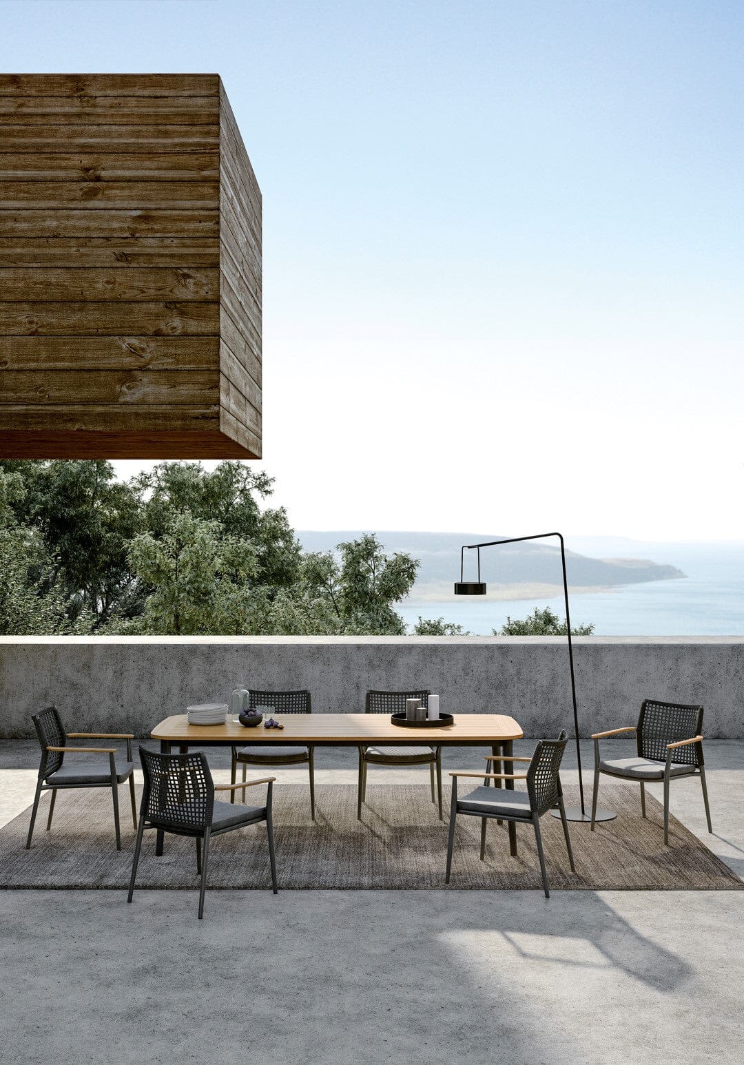 Solpuri Vera Fauteuil empilable - Accoudoirs teck - avec Coussin d'assise - Alu White / String Flex White grey