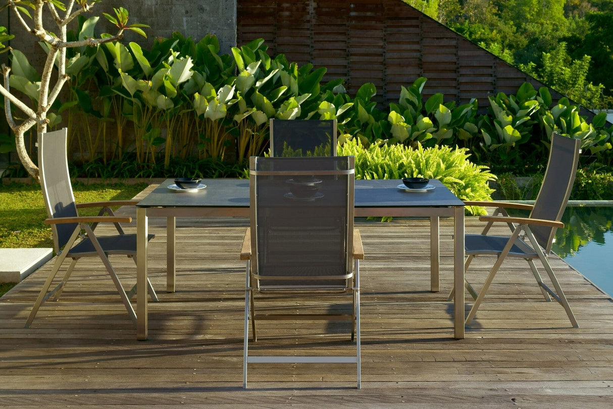 Zebra One Fauteuil multipositions inox avec accoudoirs teck