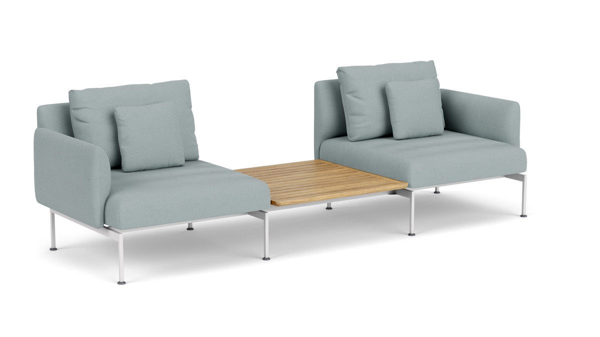 Barlow Tyrie Layout Deep Seating Companion Set - with Low Arms (two 1LYMB1 with low arms et bridging table 2LYB08) - avec coussins Armature Arctic White Frosty Chine 10025