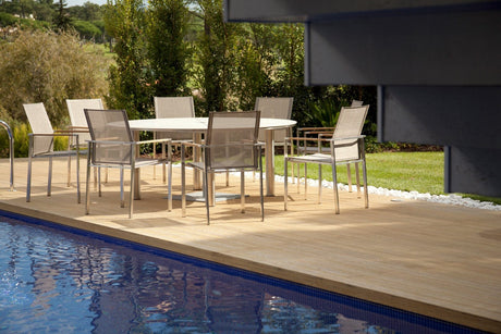 Barlow Tyrie Mercury Dining Fauteuil repas inox brossé Accoudoirs Teck 