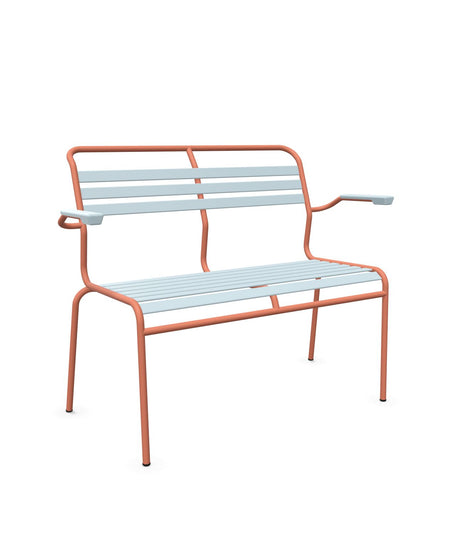 Schaffner Säntis Banc à lattes 2 places avec accoudoirs Bleu Pastel 51 Terracotta 84 
