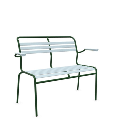 Schaffner Säntis Banc à lattes 2 places avec accoudoirs Bleu Pastel 51 Vert Sapin 66 