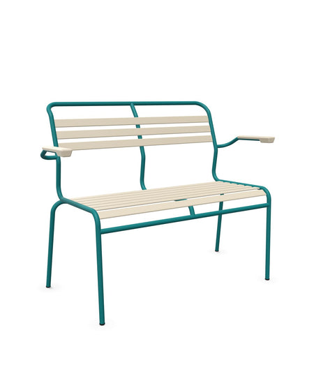 Schaffner Säntis Banc à lattes 2 places avec accoudoirs Sable Pastel 15 Bleu Kali 56 