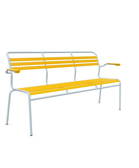 Schaffner Säntis Banc à lattes 3 places avec accoudoirs Jaune 11 Bleu Pastel 51 