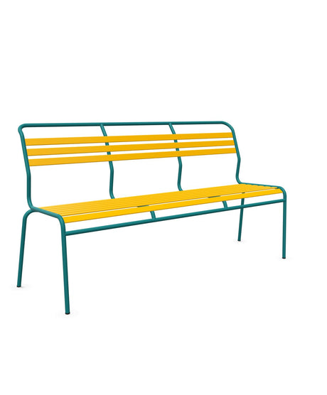 Schaffner Säntis Banc à lattes 3 places sans accoudoirs Jaune 11 Bleu Kali 56 