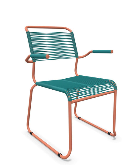 Schaffner Säntis Fauteuil repas Spaghetti pieds en luge Bleu Kali 56 Terracotta 84 