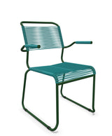Schaffner Säntis Fauteuil repas Spaghetti pieds en luge Bleu Kali 56 Vert Sapin 66 