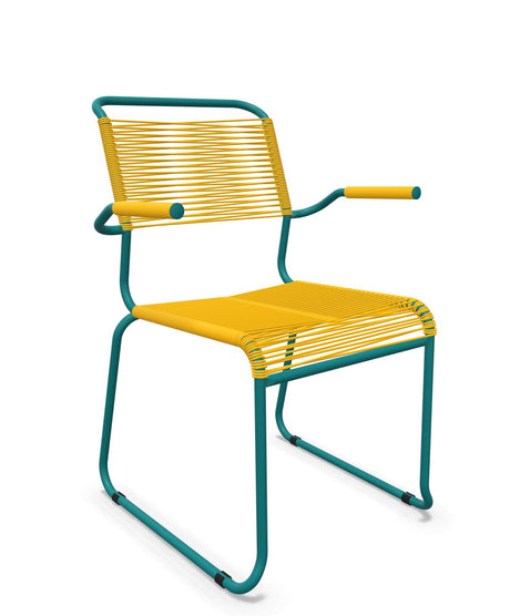 Schaffner Säntis Fauteuil repas Spaghetti pieds en luge Jaune 11 Bleu Kali 56 