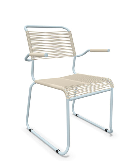 Schaffner Säntis Fauteuil repas Spaghetti pieds en luge Sable Pastel 15 Bleu Pastel 51 