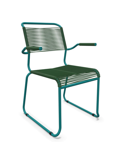 Schaffner Säntis Fauteuil repas Spaghetti pieds en luge Vert Sapin 66 Bleu Kali 56 