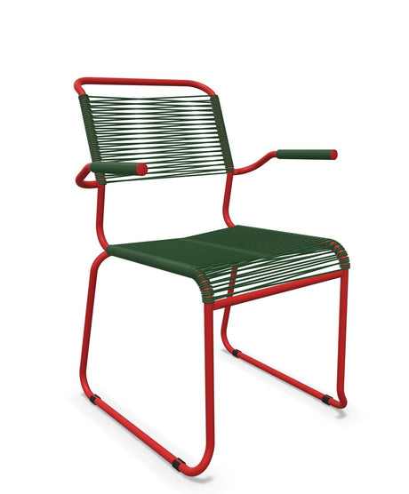 Schaffner Säntis Fauteuil repas Spaghetti pieds en luge Vert Sapin 66 Rouge 30 