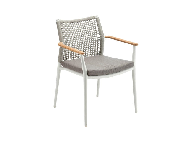 Solpuri Vera Fauteuil empilable - Accoudoirs teck - avec Coussin d'assise - Alu / String Flex Bombay anthracite 626 Alu white / String-Flex sand 