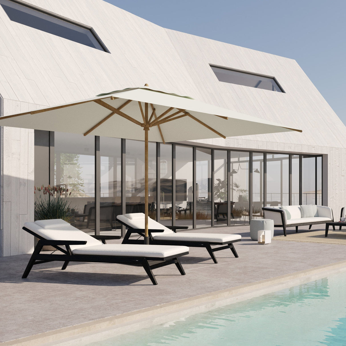 Manutti Sunrise Lounger Teak avec accoudoirs, coussins en sus 